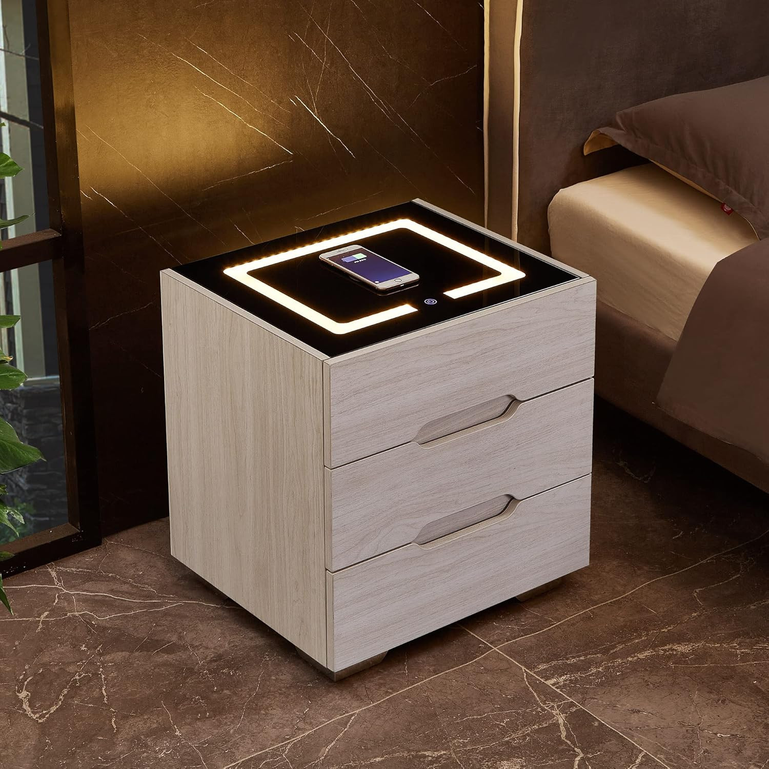 OLDCAPTAIN Nightstands Wireless Charging Station and LED Lights, Modern End Side Table with 3 Dra... | Amazon (US)