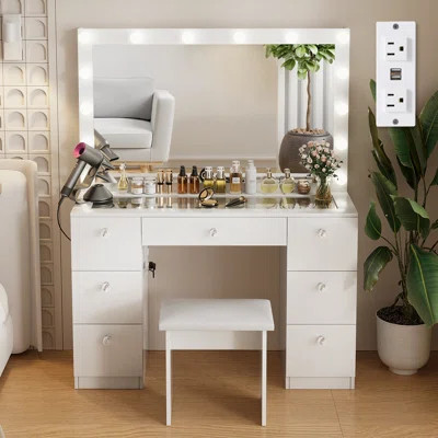 Makeup Vanity Set with Glass Top , 7 Large Drawers and Outlets | Wayfair North America