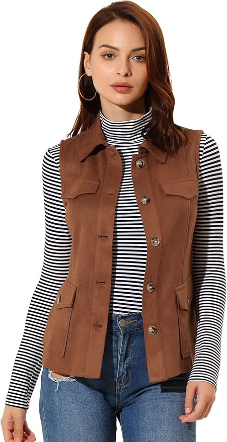 Allegra K Women's Faux Suede Vest Utility Buttoned Sleeveless Jacket with Cargo Pocket | Amazon (US)