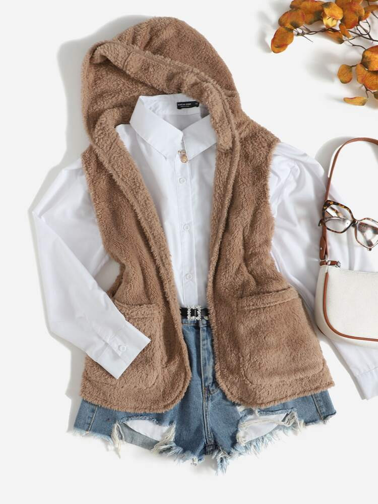 SHEIN Pocket Front Hooded Vest Coat | SHEIN