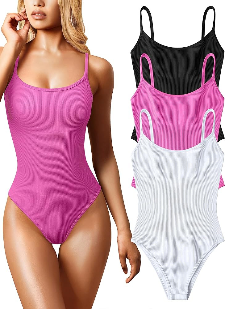 OQQ Women's 3 Piece Bodysuits Sexy Ribbed Sleeveless Adjustable Spaghetti Strip Tops Shapewear Bodys | Amazon (US)