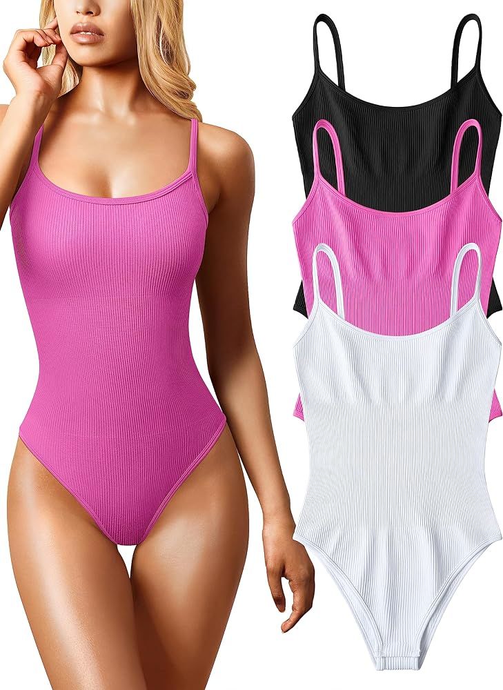 OQQ Women's 3 Piece Bodysuits Sexy Ribbed Sleeveless Adjustable Spaghetti Strip Tops Shapewear Bodys | Amazon (US)
