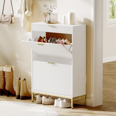 GustoWave Fluted Shoe Storage Cabinet with 2 Flip Drawers & Pull-Out Drawer, Wooden Slim Shoe Organizer with Metal Legs for Entryway | Target