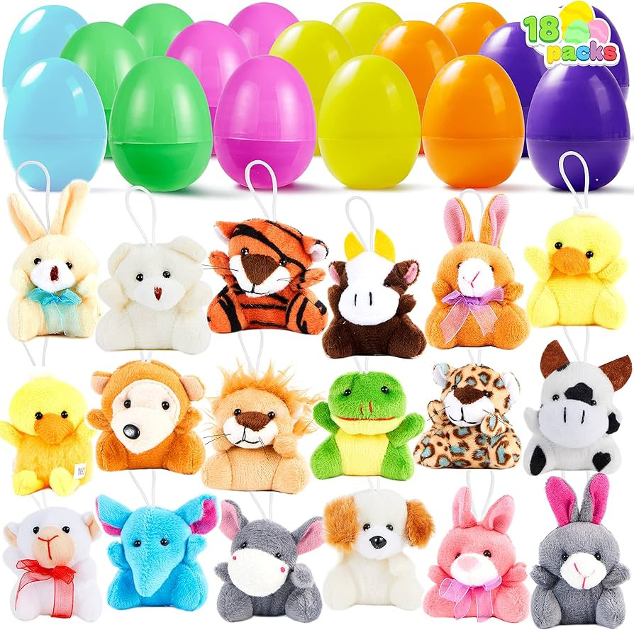 JOYIN 18 Pcs Pre-Filled Easter Eggs with Plush Animal Toys, Egg Filled Keychain for Kids Hunt Goo... | Amazon (US)