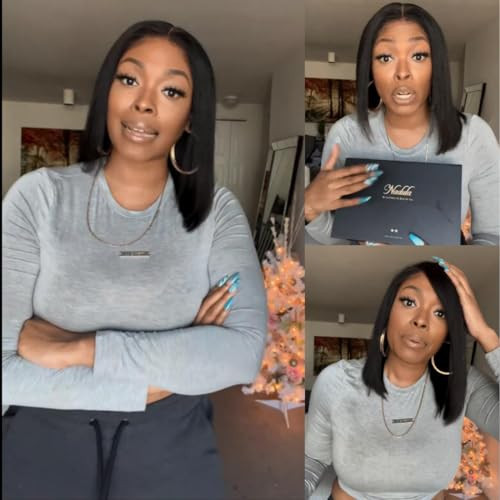 Nadula Bye Bye Knots Yaki Straight Bob Wig Pre-Cut HD Lace Wigs Human Hair Put on and Go 7x5 Lace Front Bob Wig， Kinky Straight Pre Plucked Wigs with Bleached Knots Kie's Style 150% Density 12 inch | Amazon (US)