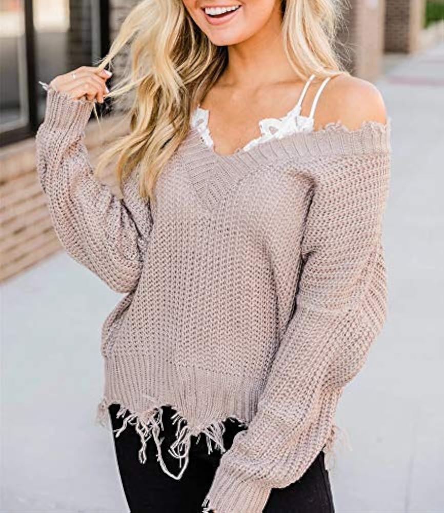 LEANI Women's Loose Knitted Sweater Long Sleeve V-Neck Ripped Pullover Sweaters Crop Top Knit Jumper | Amazon (US)