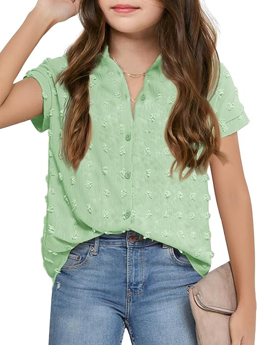 Haloumoning Girls Button Down Shirts Short Sleeve Kids Casual Chiffon Blouse Summer Tops T-Shirt | Amazon (US)