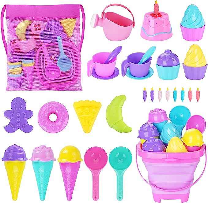 Ice Cream Beach Toys Sand Toys Set for Kids, Collapsible Sand Bucket and Shovels Set with Mesh Ba... | Amazon (US)