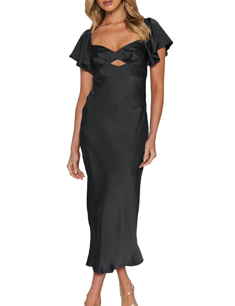 Summer Satin Flutter Sleeve Wedding Guest Dresses for Women Sweetheart Neckline Cutout Tie Back M... | Amazon (US)