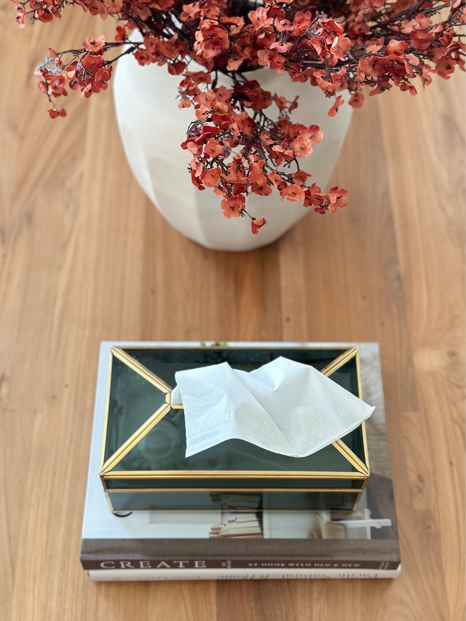 Fall coffee table styling, faux orange baby’s breath, home decor coffee table books, decorative tissue box holder, neutral vase.

#LTKSeasonal #LTKhome