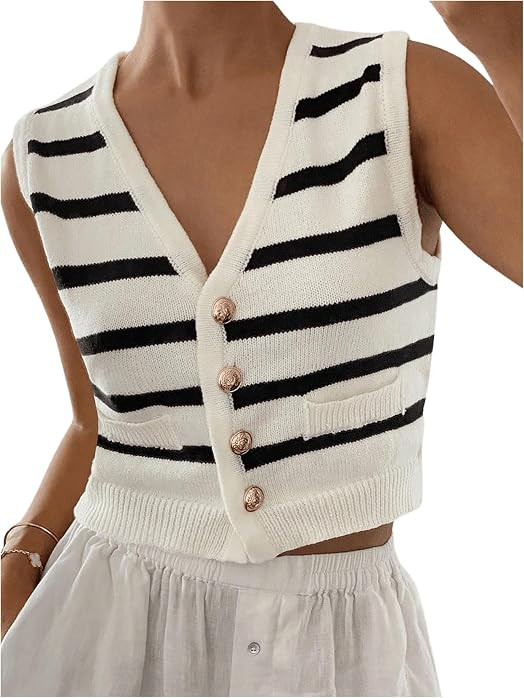 GORGLITTER Women's Striped Button Up Cropped Sweater Vest Fall Knit Tops | Amazon (US)