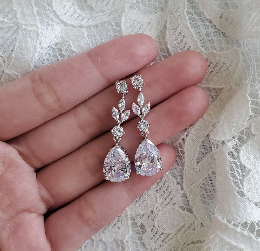 Bridal Drop Earrings Crystal Pear Teardrop Dangle Earrings Wedding Jewelry Set CZ Earrings Diamon... | Etsy (US)