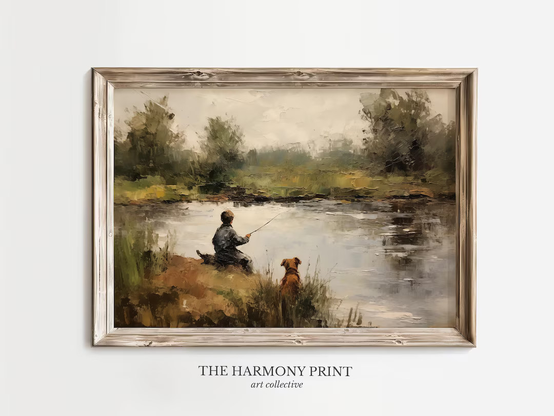 Vintage Boy Fishing Wall Art, Nursery Decor, Boys Room Wall Art, Peaceful Lake Scene With Dog, Nu... | Etsy (US)