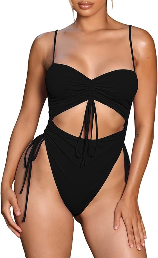 Viottiset Women's Cut Out Drawstring One Piece Swimsuit Cheeky High Cut Bathing Suit | Amazon (US)