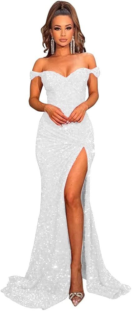 Women's Off Shoulder Mermaid Prom Dresses 2024 Long Sequin Formal Evening Gowns with Slit | Amazon (US)