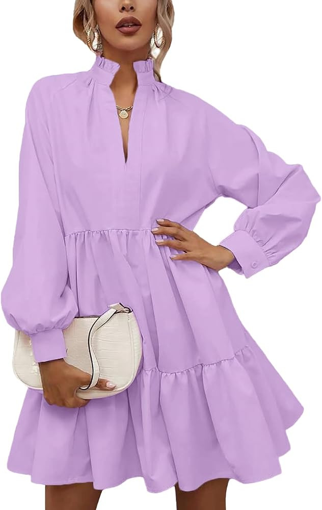 Rooscier Women's V Neck Lantern Long Sleeve Ruffle Babydoll Swing Mini Dress | Amazon (US)