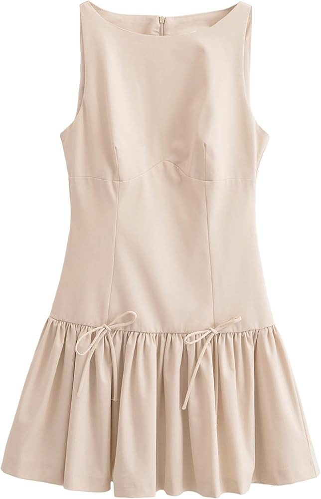 Womens Sleeveless Pleated Dress Girdling A Line Solid Color Pullover Round Neck Bow Zipper Back M... | Amazon (US)