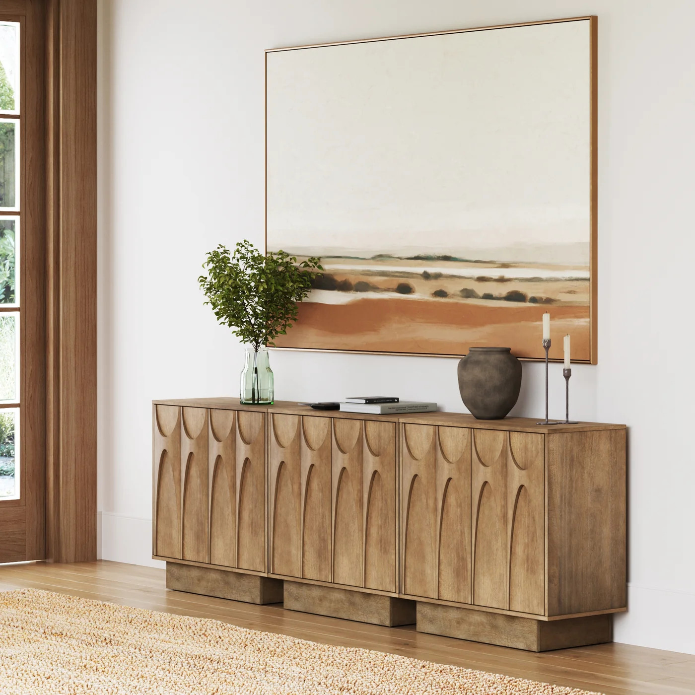 Mid Century Credenza with Antique Carved Doors Light Brown (Set of 3) | Nathan James
