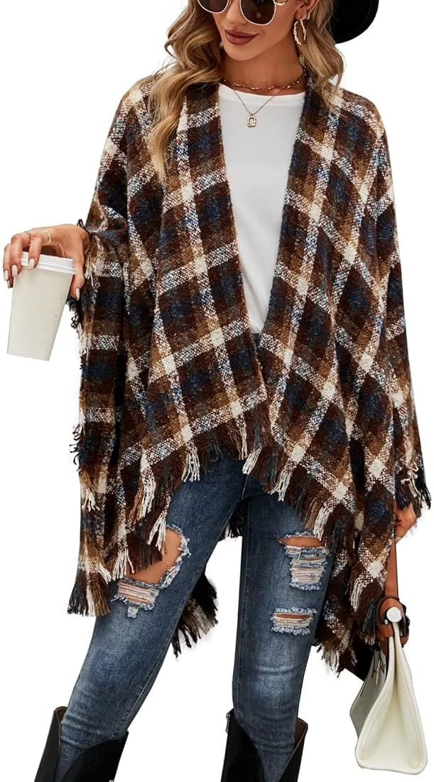 VIMPUNEC Women Boho Buffalo Plaid Poncho Pashmina Shawl Wrap Cape Sweater Knitting Cardigan with ... | Amazon (US)