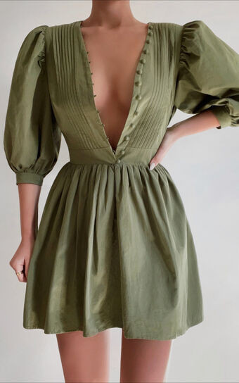 Zandra Mini Dress - Puff Sleeve Poplin Dress in Khaki | Showpo (US, UK & Europe)