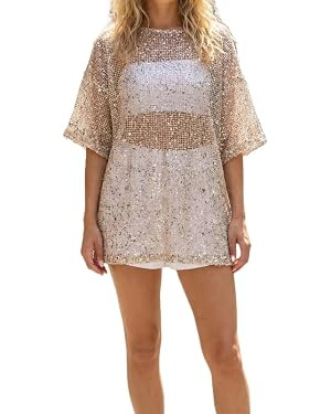 Women Y2k Sequin Knit T Shirt Semi Sheer Mesh Short Sleeve Glitter Tops Oversized Sparkly Beach C... | Amazon (US)