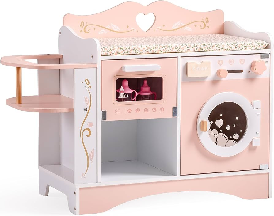 ROBOTIME Wooden 6-in-1 Baby Doll Changing Table with Baby Doll Crib, Washing Machine, Bottle Ster... | Amazon (US)