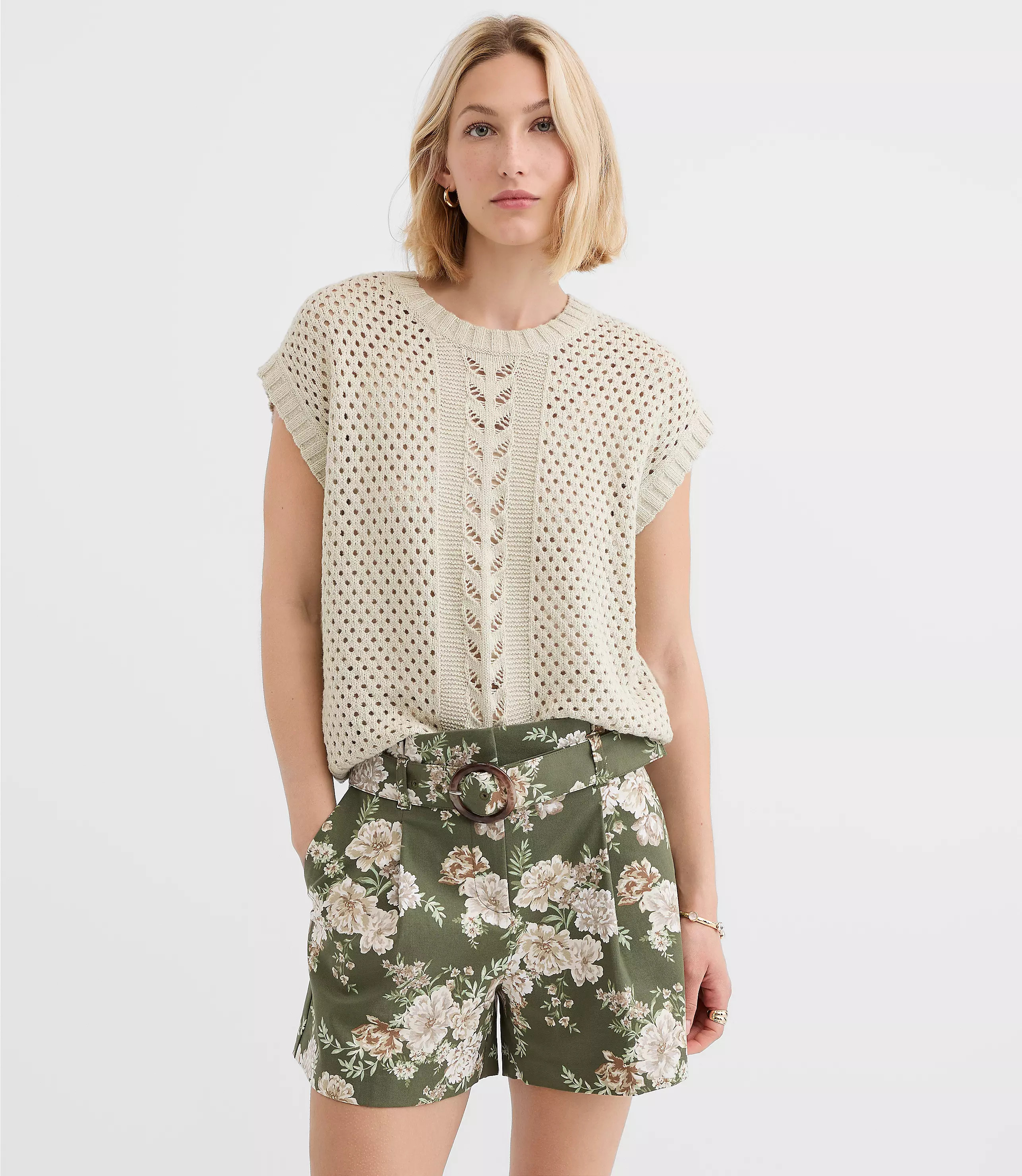 Mixed Pointelle Cap Sleeve Sweater | LOFT