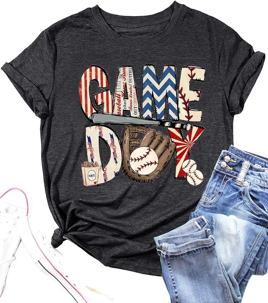 Baseball Game Day Tshirt Women Funny Letter Print Baseball Mom Shirt Vintage Graphic Tee Casual S... | Amazon (US)
