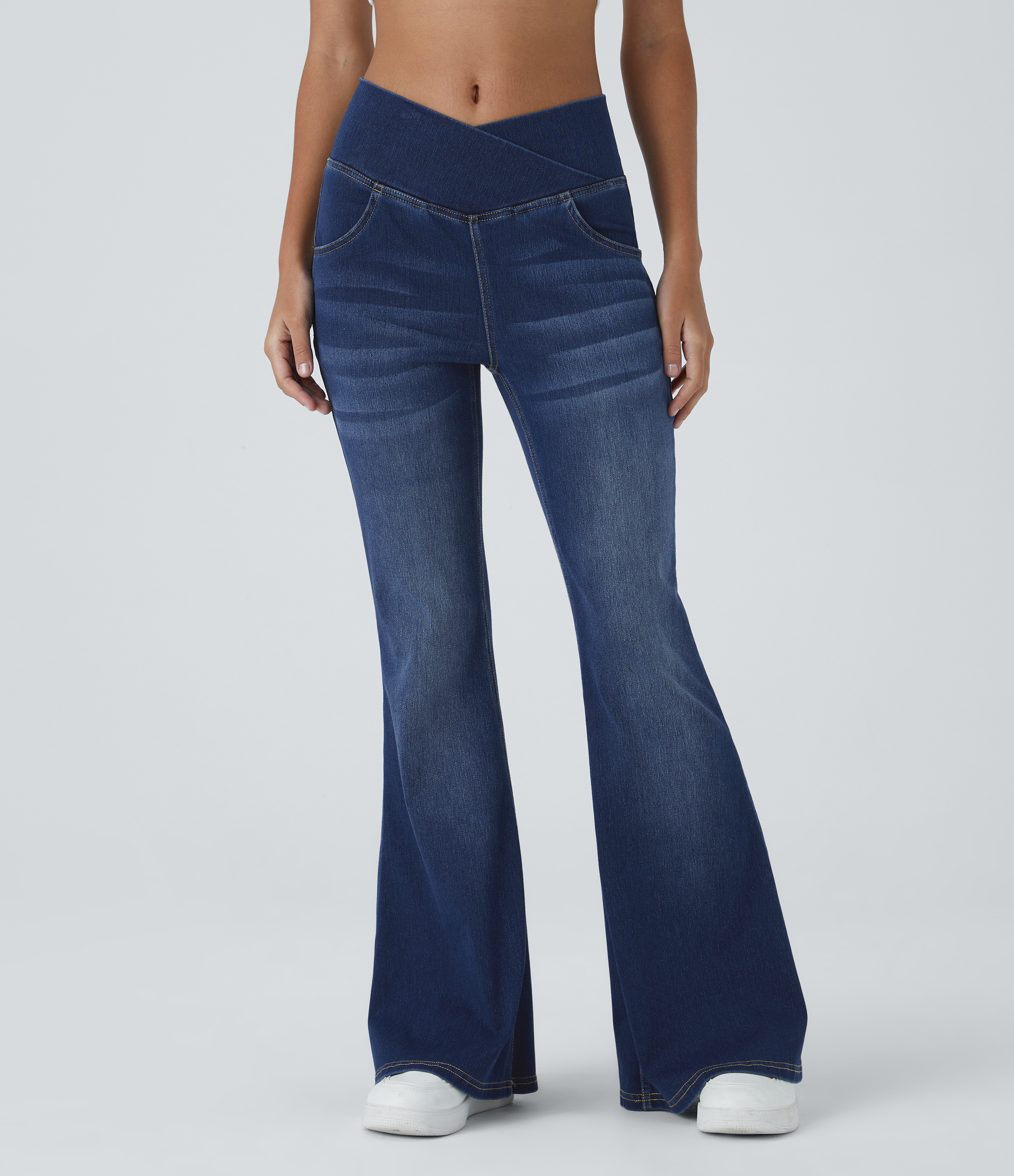 Halara Halara Flex™ High Waisted Crossover Pocket Washed Casual Flare Jeans - Bright Blue Denim - XS(tall) | HALARA