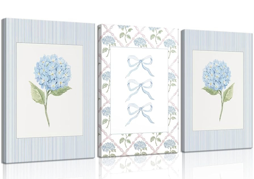 Blue Hydrangea Canvas Wall Art Trendy Watercolor Bow Coquette Paintings Pictures Wall Decor Coastal Preppy Aesthetic Posters Prints for Girly Room Bedroom College Apartment Home Decoration | Amazon (US)