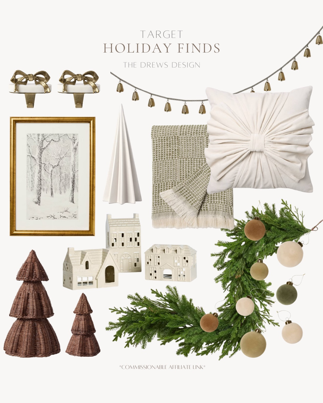 Target holiday finds include bow pillow, throw blanket, bell garland, white trees, bow stocking holder, wall art, Christmas village, rattan trees, garland, and flocked ornaments.

Holiday decor, Christmas decor, neutral Christmas decor, neutral holidayy

#LTKSeasonal #LTKHome #LTKHoliday