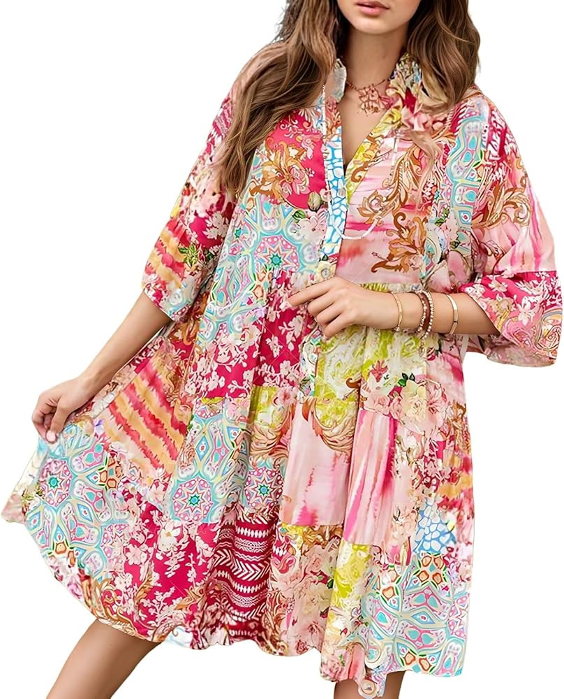 Women's Babydoll Mini Dress Boho Floral 3/4 Bell Sleeve Loose Short Shirt Sundresses Loose Fit Fl... | Amazon (US)