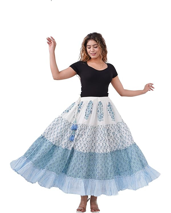 Women's Cotton Hand Block Printed Maxi Skirt with Drawstring Tassels, Lined & Ruffle Hem | Amazon (US)
