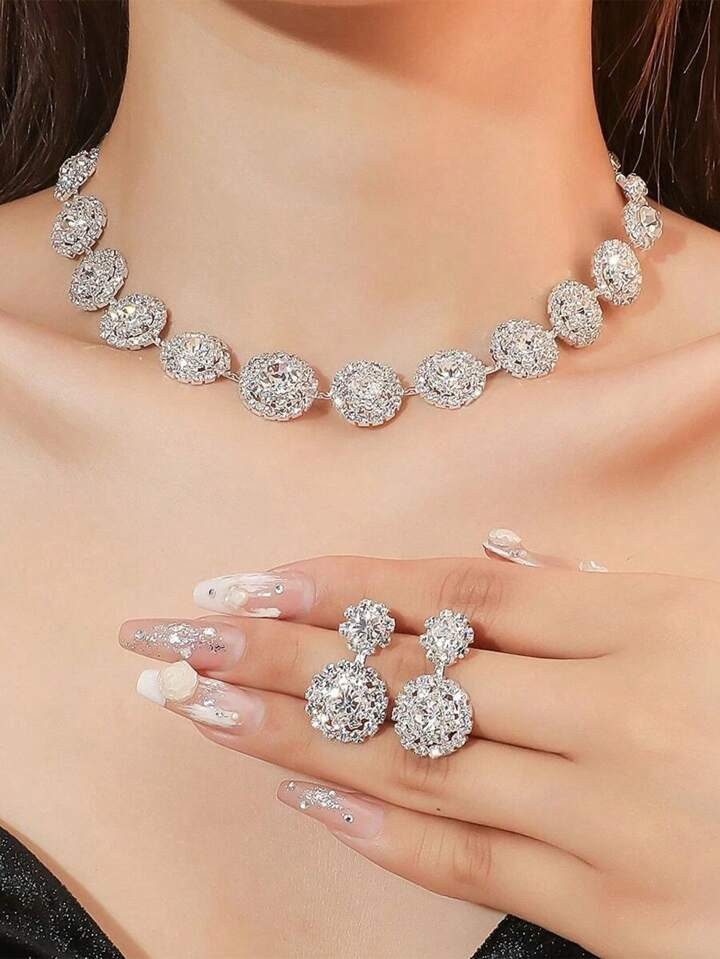 3pcs Luxury Wedding Party Women Dresses Rhinestone Diamond Decor Jewelry Fashion Sparkly Choker Necklace & Earrings Set Prom Costume Jewelry Set Accessories (2 Earrings And 1 Necklace) | SHEIN