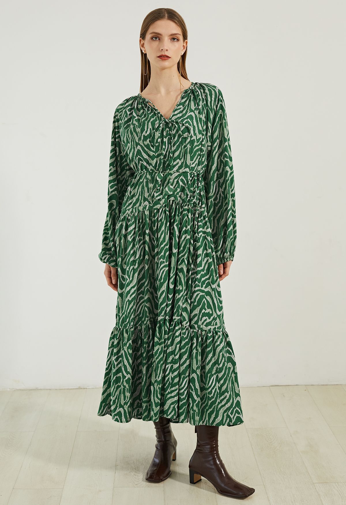 V-Neck Zebra Print Midi Dress in Green | Chicwish