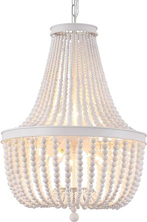 Q&S Beaded Chandelier Farmhouse White Wood Beaded Boho Light Fixture Vintage Antique 8 Lights for... | Amazon (US)