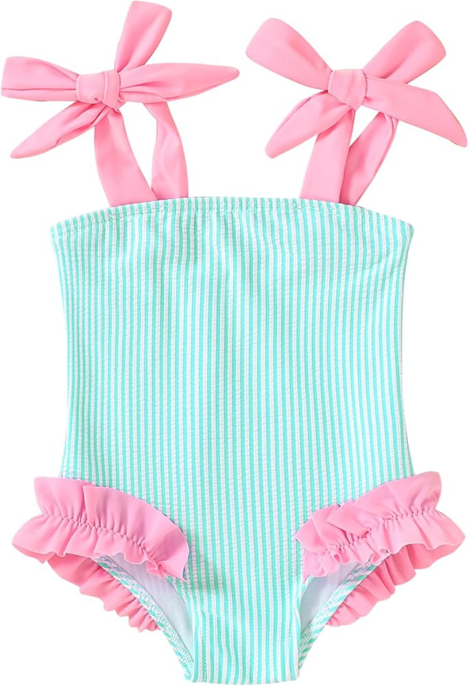 Happy Town Toddler Swimsuit Girl Solid Color Stripe One-Piece Baby Bathing Suits | Amazon (US)