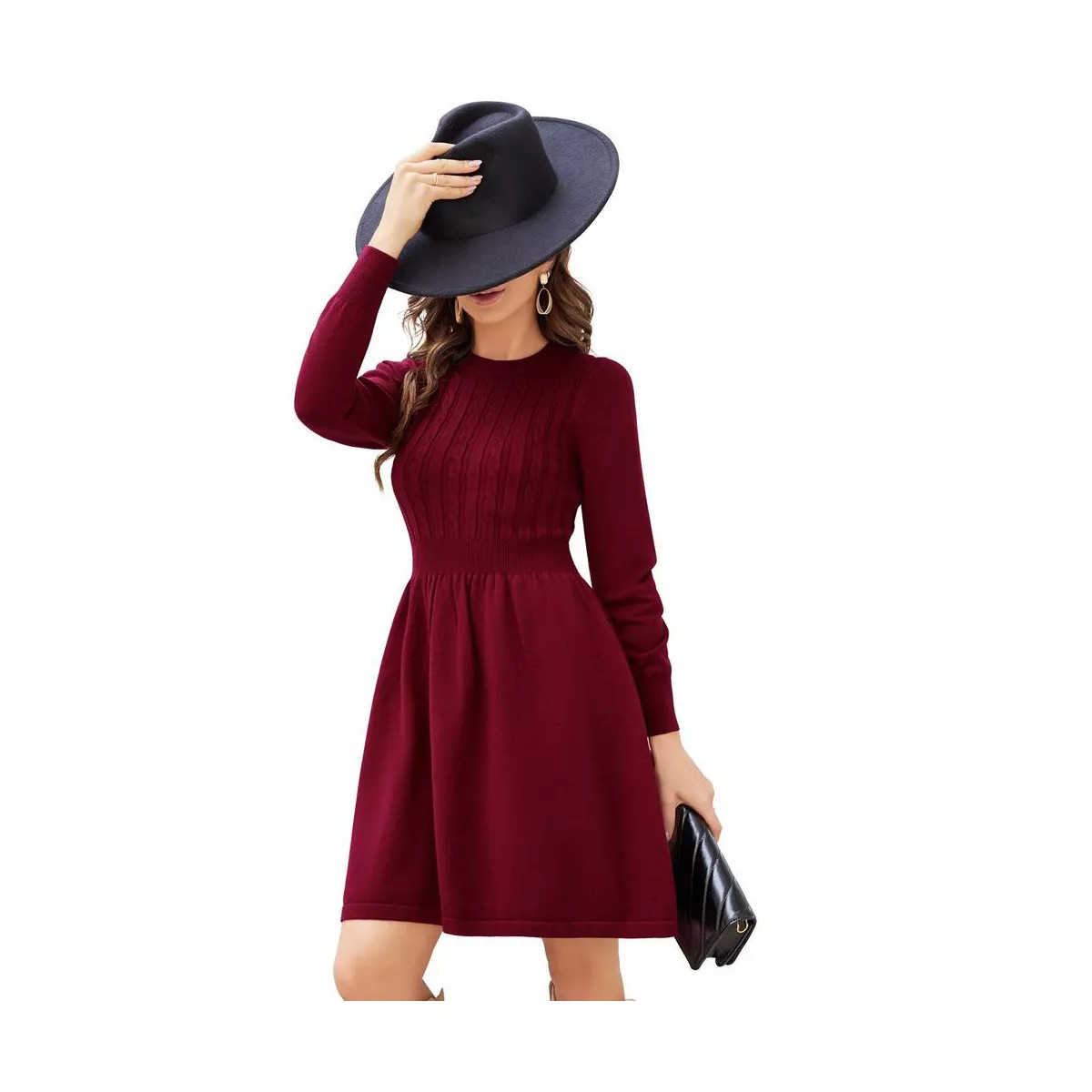 Women Long Sleeve Knitted Crewneck High Waist A-Line Cute Mini Sweater Dress | Target