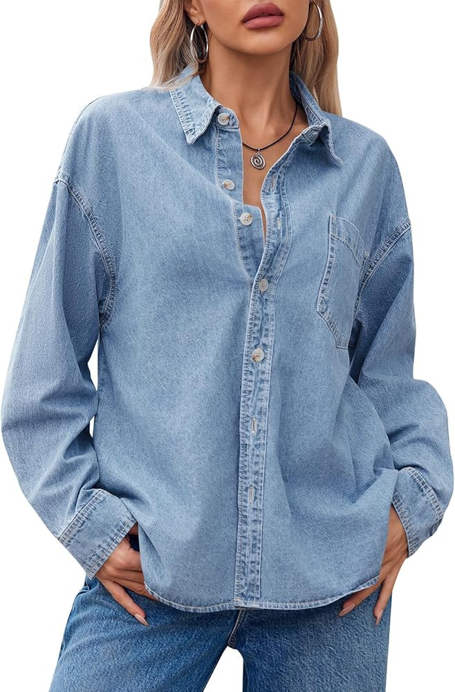 Cicy Bell Womens Oversized Denim Shirt Jean Jacket 2025 Fall Fashion Button Down Shirts Long Slee... | Amazon (US)