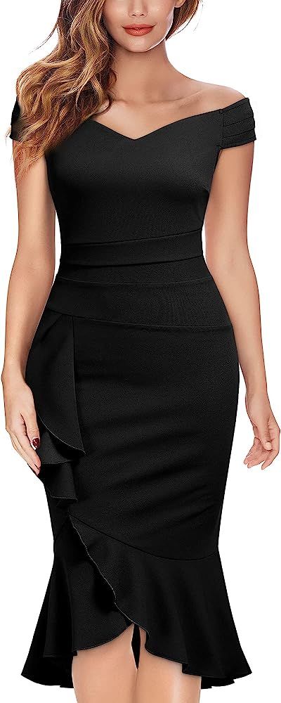 Knitee Women's Off Shoulder V-Neck Ruffle Pleat Waist Bodycon Evening Cocktail Slit Formal Dress | Amazon (US)