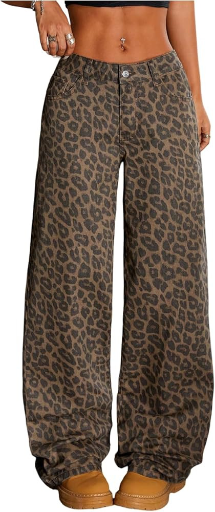 Floerns Women's Y2k Cheetah Print Wide Leg Jeans High Waisted Baggy Casual Denim Pants | Amazon (US)