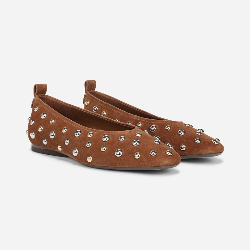 27 EDIT Carla Ballet Flat Shoes, Dark Chestnut Stud Suede Leather, 9.5W Slip-On Fit | Naturalizer