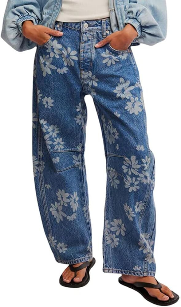 Women Barrel Jeans Casual Wide Leg Baggy Daisy Printed Pants Y2k Boyfriend Mid Rise Denim Ankle P... | Amazon (US)