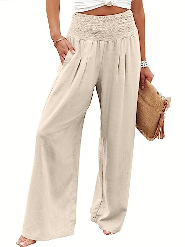 ANRABESS Women Linen Palazzo Pants Summer Boho Wide Leg High Waist Casual Lounge Pant 2024 Beach Travel Vacation Outfits Beige Large | Amazon (US)