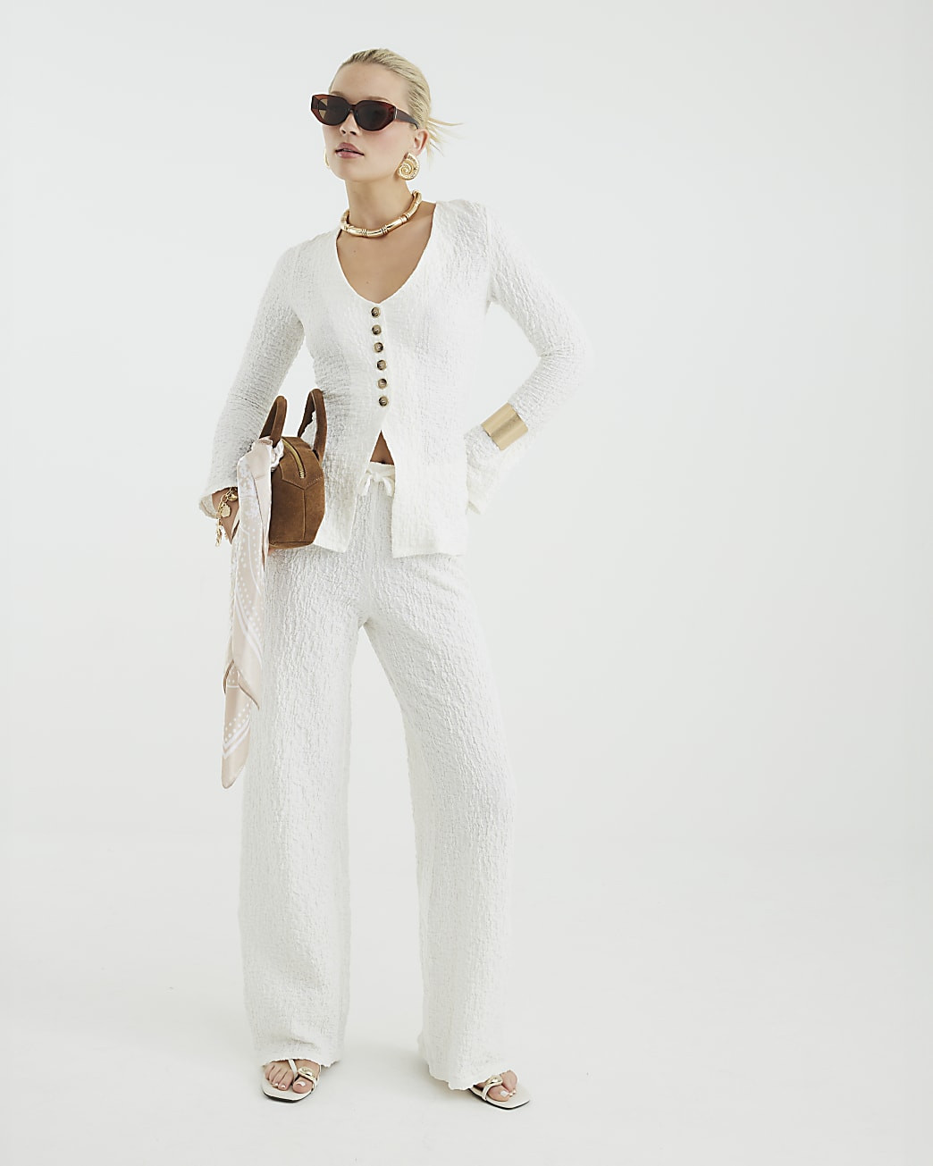 Cream Textured Wide Leg Trousers | River Island UK & IE