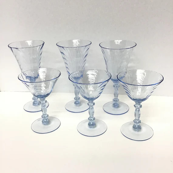 Vintage pale blue stemware, elegant stem glasses, blue swirl wine and water goblet glasses | Etsy (US)