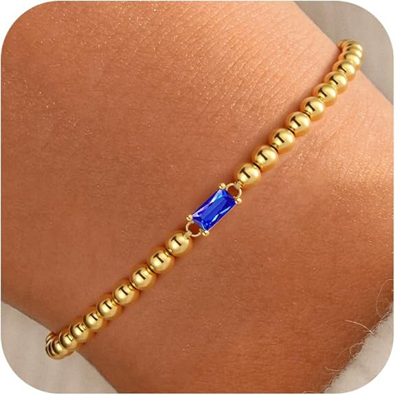 Dainty Birthstone Bracelet for Girls Women 14K-Gold-Plated Beaded Stretch Bracelets Trendy Friend... | Amazon (US)