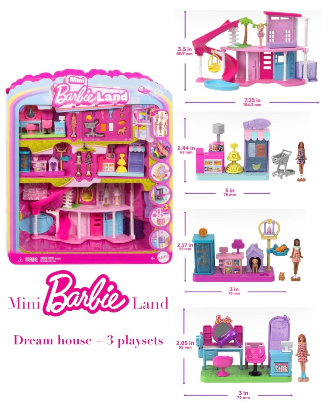 Mini Barbie Land features a small-scale DreamHouse, 3 playsets, 6 dolls and more!
The iconic doll house is designed with little luxuries including a working elevator, slide and pool -- just like the full-size DreamHouse!
Open the mystery box to find a 1.5-inch Barbie doll and a randomized pet and pet accessory to use for storytelling fun!
Go on mini adventures with a Pet Boutique, Hair Salon, and Supermarket each iconic recreation comes with a unique 1.5-inch doll & has moving parts!
Dolls bend at the waist to sit in the vehicles and feature an attached heart-shaped base that plugs into different areas of the house for easy play and display!

#LTKdayinmylife #LTKmomlife #LTKKids