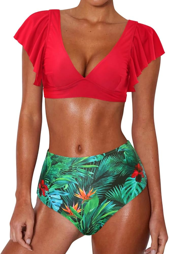 Women Ruffle High Waisted Bikini Leopard V Neck Push Up Two Piece Swimsuits | Amazon (US)