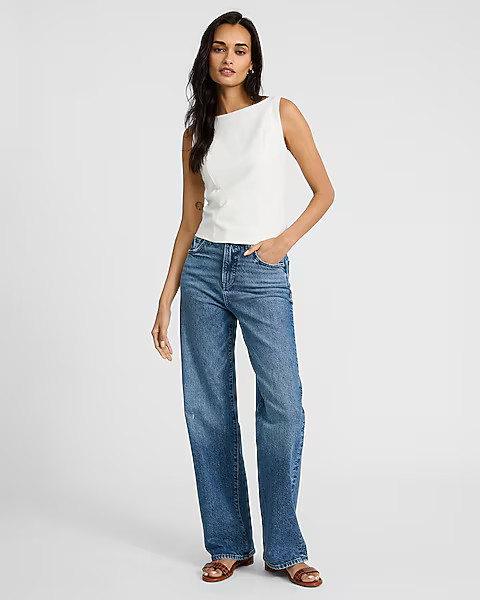 High Waisted Medium Wash Relaxed Straight Jeans | Express